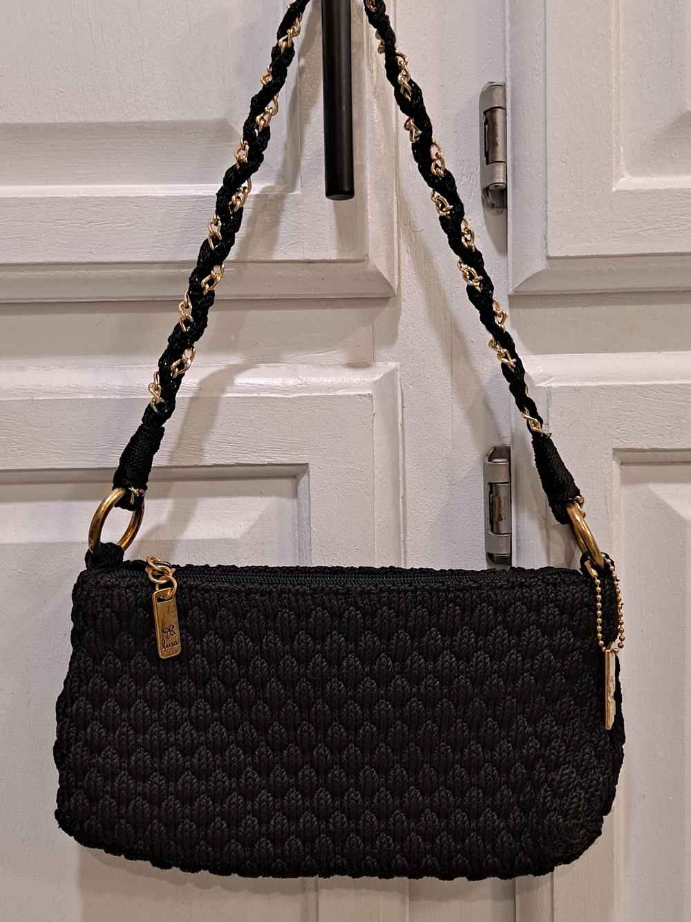Lina Vintage Black Woven Bubble Knit Shoulder Bag with Gold Braided Accents